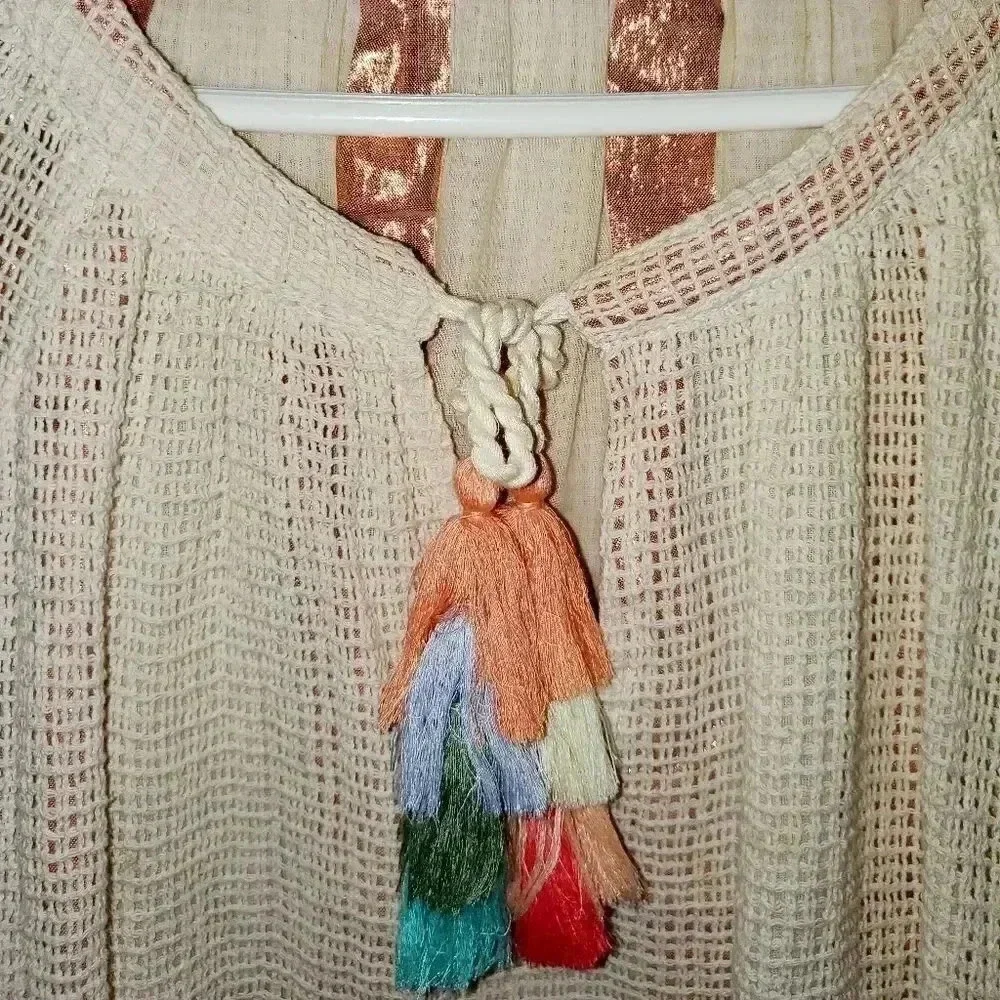Zara Trafaluc Tassel Tie Neck Boho Peasant Small Bell Sleeve Mesh Top Blouse XS